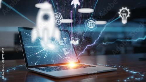 Futuristic digital technology and innovation concept with holographic icons emerging from a laptop