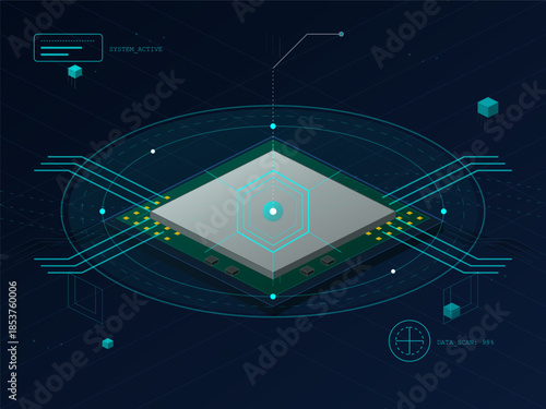 Graphic showing a computer chip with scanning data and activated system in a digital environment