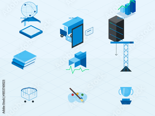 Various objects and symbols related to business, technology, data, and food presented in a simple design layout