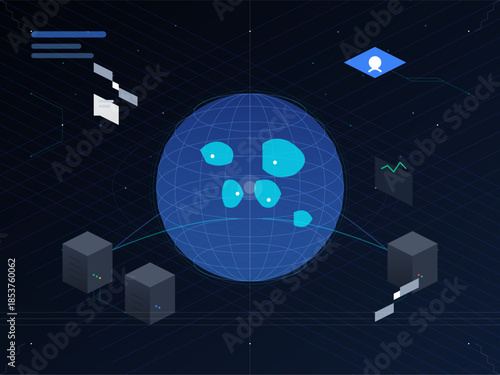 Data visualization on global network connections with servers and analytics displayed clearly in blue tones over a dark background
