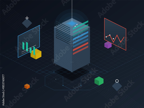 Modern data center with graph displays and colorful blocks showing analytics and performance metrics