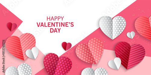 Valentines Day greeting card Creative concept. Trendy minimalist design with pink sky and 3d red and pink paper hearts frame. Cute love sale banner or greeting card. Valentine's day, vertical banners 