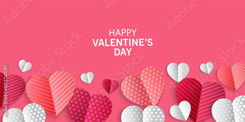 Valentines Day greeting card Creative concept. Trendy minimalist design with pink sky and 3d red and pink paper hearts frame. Cute love sale banner or greeting card. Valentine's day, vertical banners 