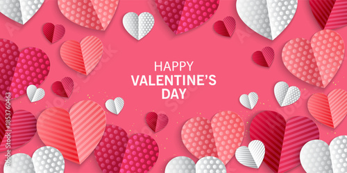 Valentines Day greeting card Creative concept. Trendy minimalist design with pink sky and 3d red and pink paper hearts frame. Cute love sale banner or greeting card. Valentine's day, vertical banners 