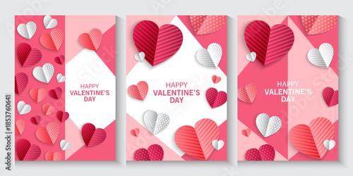 Valentines Day greeting card Creative concept. Trendy minimalist design with pink sky and 3d red and pink paper hearts frame. Cute love sale banner or greeting card. Valentine's day, vertical banners 