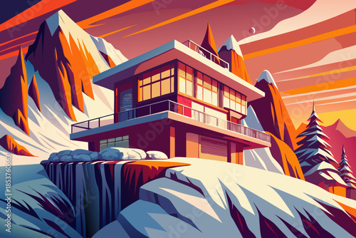 Modern villa and steep hillside blanketed in snow forms a sharp winter landscape, emphasizing vertical drop, frozen textures, and strong contrast between slope and sky