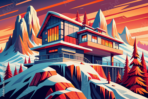 Modern villa and steep hillside blanketed in snow forms a sharp winter landscape, emphasizing vertical drop, frozen textures, and strong contrast between slope and sky