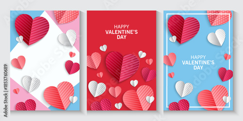 Valentines Day greeting card Creative concept. Trendy minimalist design with pink sky and 3d red and pink paper hearts frame. Cute love sale banner or greeting card. Valentine's day, vertical banners 