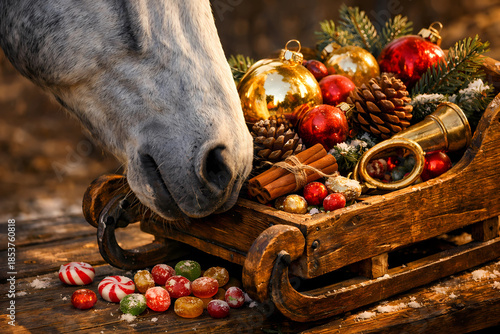 A horse looks out of a comfortably lit country-style stable on a quiet Christmas Eve.  The doorway of the stable is decorated with a lush traditional Christmas wreath of pine, cones and red berries.