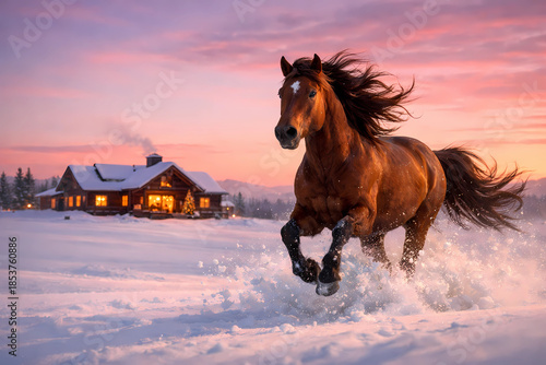 A bay horse galloping freely at dawn across a vast, untouched snowfield. In the distance, a cozy wooden house can be seen on the horizon, with Christmas tree lights burning warmly in the windows