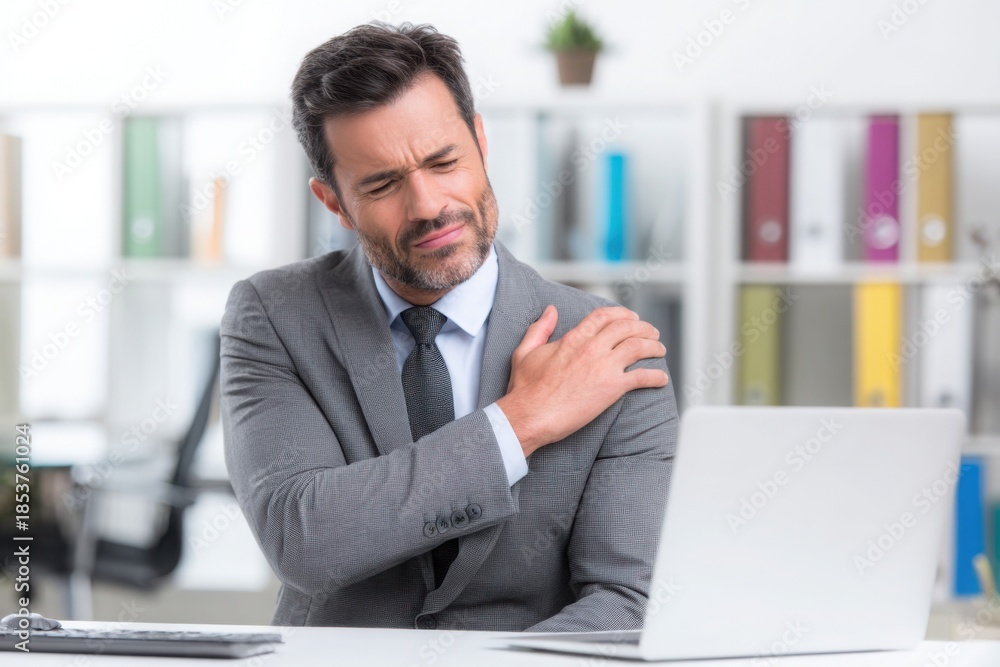 Naklejka premium Businessman suffering from shoulder pain at office