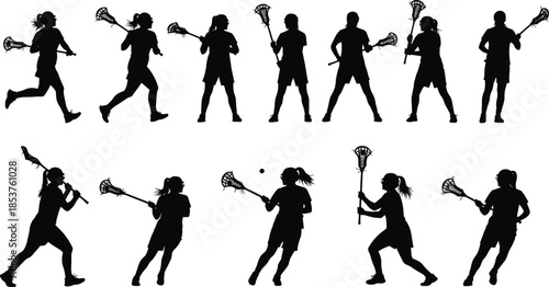 Lacrosse player silhouette set, women sport action poses, stick ball game athletes, black vector illustration collection, isolated athletic design icons