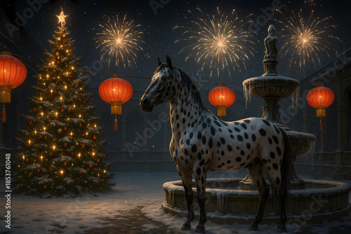 A horse stands in a snow-covered, ornate European courtyard garden. It is located between a majestic, beautifully decorated Christmas tree and a classic stone fountain.