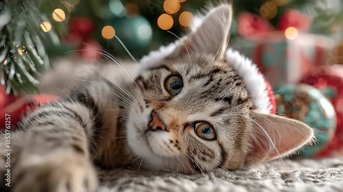 Wallpaper Mural Cute Kitten in Santa Hat Under Christmas Tree Torontodigital.ca