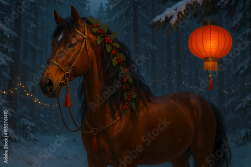 The horse stands in the forest, decorated with elements: a golden bridle with red tassels and holly berries. Garlands are hung on the trees, and a Chinese lantern hangs from a branch.