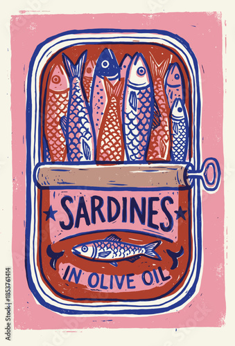 Sardine tin vector illustration with retro fish can design. Vintage food art print in pink and blue palette for kitchen decor, packaging design and poster