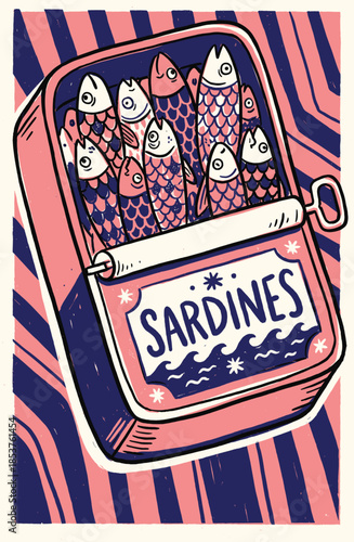 Sardine tin vector illustration with retro fish can design. Vintage food art print in pink and blue palette for kitchen decor, packaging design and poster