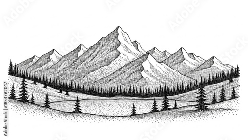 Panoramic mountain range with pine trees and a lake hand-drawn illustration in a vintage style perfect for outdoor adventure and travel themes