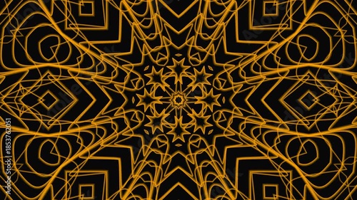 Intricate symmetric abstract pattern with gold lines on black elegant design suitable for luxury branding, decorative backgrounds, and artistic projects.