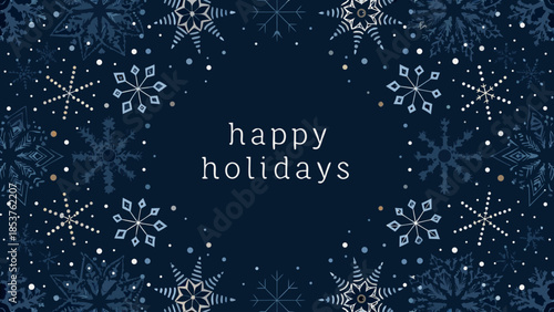 Festive dark blue background with white and blue snowflakes and text happy