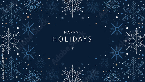 Festive dark blue background with white and blue snowflakes and happy holidays