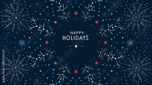 Happy holidays festive background with snowflakes and winter elements on dark blue