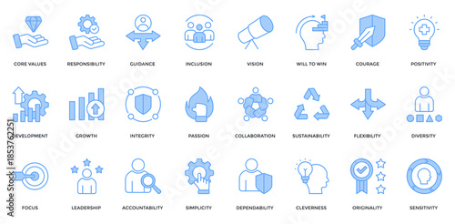 Core Value icon set. Containing leadership, responsibility, guidance, integrity, passion, collaboration icon. Lineal Blue style