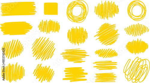 Vibrant yellow brush strokes and shapes on white background
