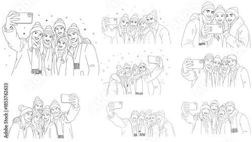 Group of friends taking a group selfie on a cold winter day wearing warm clothes, minimalist line art vector illustration collection for friendship and seasonal travel concepts