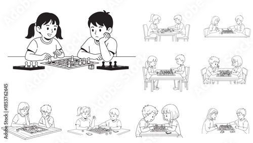 Set of minimalist line art scenes showing siblings playing a Chess board game at the kitchen table, strategic thinking and childhood competition vector illustration collection