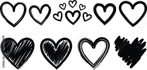 Hand drawn hearts in various styles and sizes