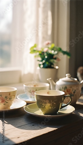 Wallpaper Mural Elegant floral teacups and teapot arranged on a wooden table, bathed in warm morning sunlight streaming through a window, creating a peaceful and inviting atmosphere. Torontodigital.ca