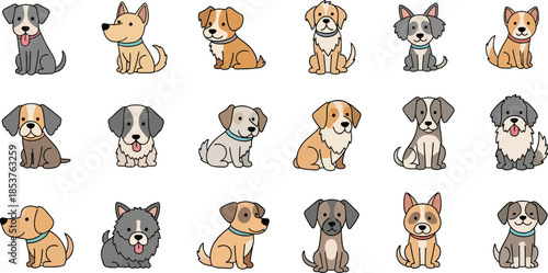 Adorable cartoon dogs in various breeds and poses