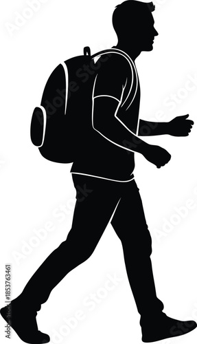 Silhouette of a man walking with a backpack side view illustration