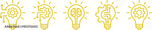 Creative light bulb idea icons set. Glowing innovation and thinking symbols in yellow outline style. Perfect for brainstorming, startups, education, and inspiration concept designs.
