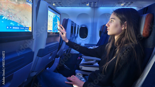 Teen Girl Using Inflight Entertainment Screen on Airplane. A young passenger interacts with a touchscreen seat monitor while flying in economy class during a night flight with blue lighting.