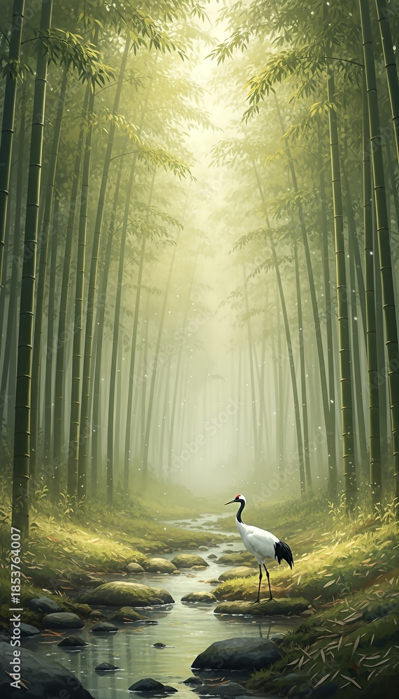 Fototapeta premium Majestic red-crowned crane stands gracefully beside a tranquil stream flowing through a lush bamboo forest bathed in soft, ethereal light.