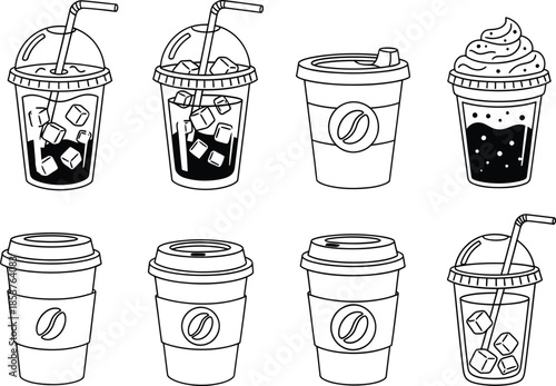 Variety of coffee and soda cups with lids and straws