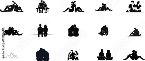Collection of black silhouettes of people in various poses and interactions