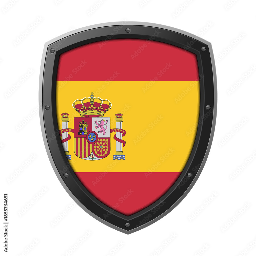 Obraz premium SPAIN Shield Emblem, SPAIN Flag Badge Icon with Metallic Protective Frame, High Quality Transparent PNG Design