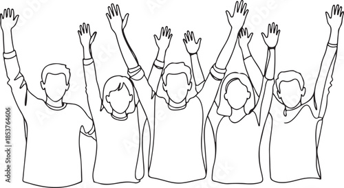Group of people with hands raised in celebration cheering