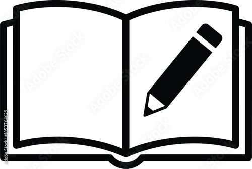 Black Silhouette Icon of an Open Book with a Pencil Representing Education Writing Learning Literacy and Academic Studies