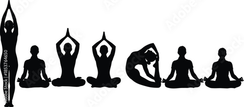 Yoga Silhouettes Set with Women in Meditation Poses Lotus Position and Zen Exercises Healthy Lifestyle Figures Isolated on White Background (20 words)