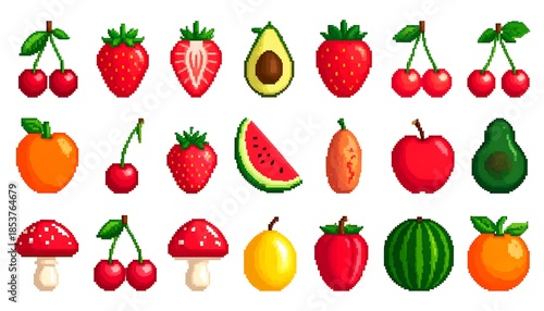 Pixelated array of various colorful fruits and fungi with visible seeds and textured details on white