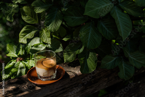 a small shot glass of chilled milk filled with hot espresso shot coffee floated over white creamy chilled milk put on wooden table in wild garden with sun shine and shade of green trees