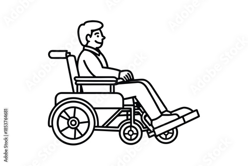 Man sitting in a wheelchair black and white line drawing.