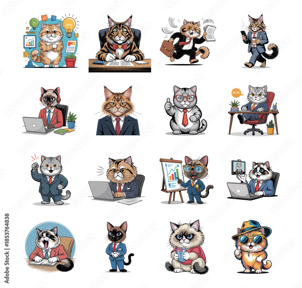 Fototapeta premium Anthropomorphic Cats in Business Attire Engaged in Office Activities work