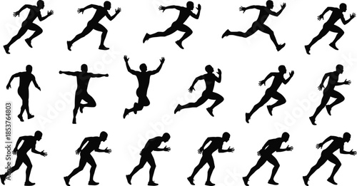 Running man silhouette set, sprint jogging action poses, black vector illustration collection, athletic motion figures, isolated sport fitness design icons