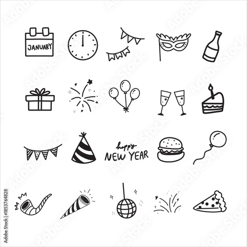 Cute New Year Doodle Icon Sticker Set, Hand-Drawn Festive Celebration Illustrations