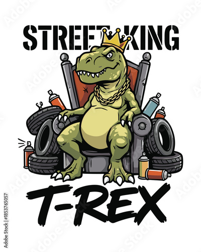 Cartoon t-rex vector illustration sitting on a throne with graffiti elements, ideal for urban apparel prints and whimsical children's designs.